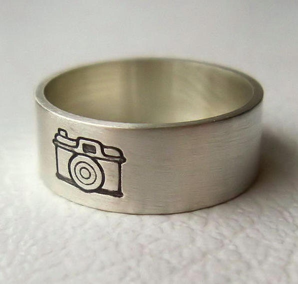 vintage camera ring image engraved onto silver band