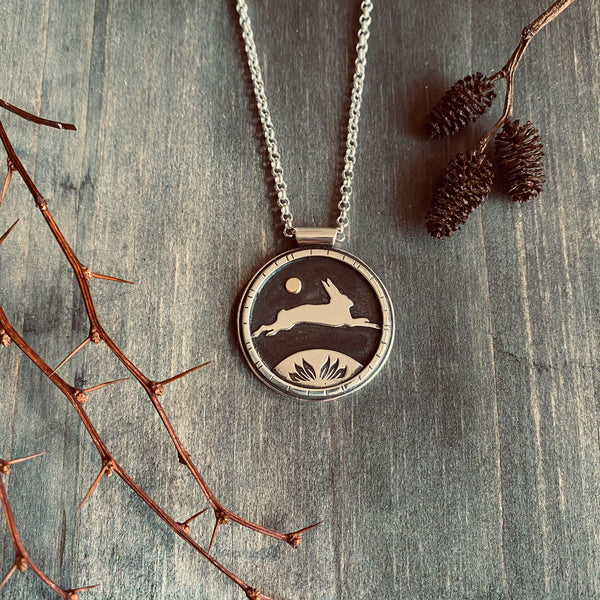 one of a kind silver rabbit and 14K gold moon pendant 