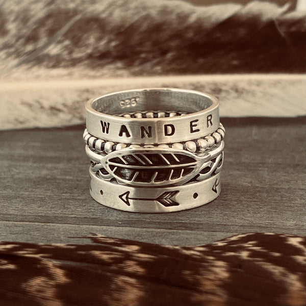 Wander word ring with feather ring stacking ring set, 5 rings